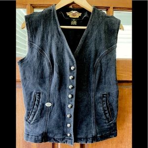 Harley Davidson Black denim ladies medium button front vest. Two front pockets.
